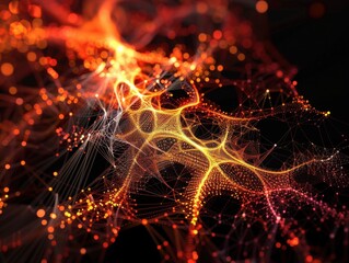 Fiery orange nodes linked by lines show hash function entropy visualization mathematical chaos in digital randomness patterns.