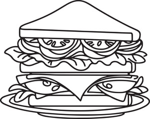 Elegant Line Drawing of Sandwich Served on Plate