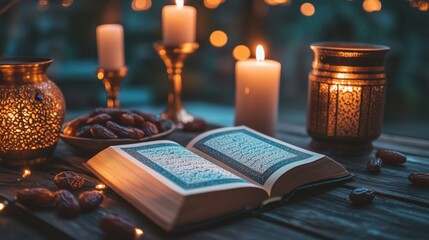 Obraz premium A cozy Ramadan background with candles, dates, and an open Quran on a wooden table