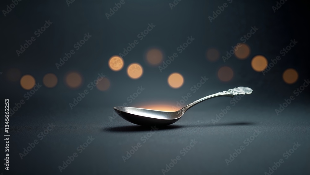 Poster close-up of a silver spoon placed elegantly with warm bokeh lights in the background creating a cozy