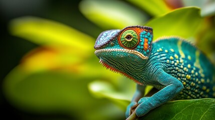 Fototapeta premium A Vibrant Chameleon, A Jewel Of The Rainforest, Perched On A Lush Green Leaf, Basking In The Soft Sunlight With A Blurred Background
