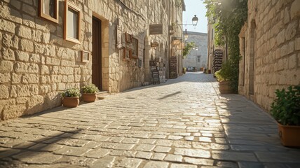 Sunlit Cobblestone Street in Historic Town with Beige Stone Buildings
