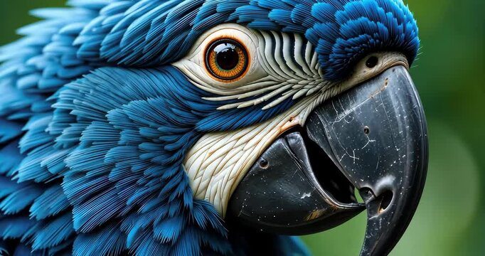 Close-up blue parrot profile against green background