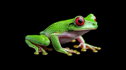 Obraz premium A vibrant green frog with bright red eyes displayed against black