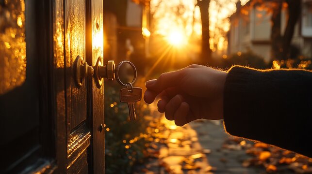 A sentimental moment as a person unlocks their new home for the first time, golden light casting long shadows, warm and nostalgic atmosphere, cinematic focus on key and hand. --ar 16:9