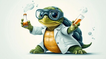 Obraz premium Cartoon turtle scientist wearing lab coat and goggles, holding chemical flask and test tube, conducting an experiment in a laboratory setting