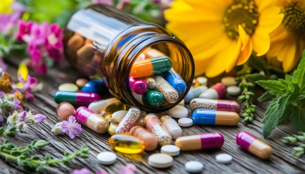 Pharmaceutical capsules cascading from vintage medicine jar onto rustic wooden surface, complemented by healing botanical elements