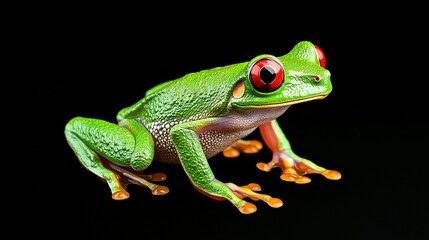 Obraz premium A Vibrant Green Frog With Bold Red Eyes On Black Background