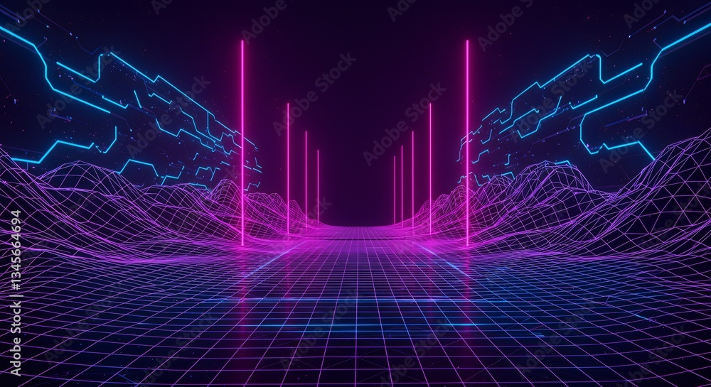 Poster neon grid landscape with glowing lines and technology circuitry background