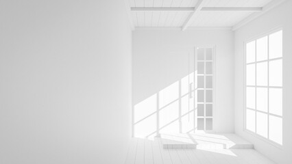 Fototapeta premium Japanese style room with a wooden door and windows. The room is empty and has a simple design. The sunlight coming in through the windows creates a warm and inviting atmosphere premium photo 3d render
