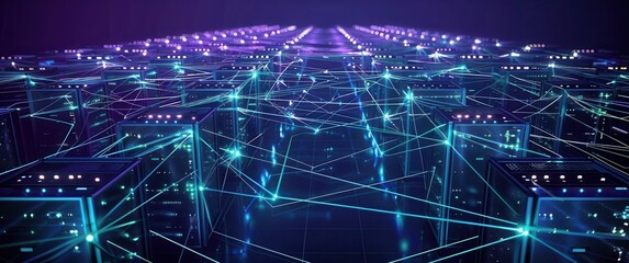 Obraz premium Geometric constellation of servers linked by light, visualized as a high-performance computing cluster in a dark void.