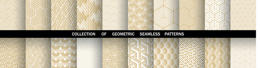 Geometric set of seamless golden and white patterns. Simple vector graphics