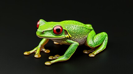 A vibrant green tree frog is resting on a dark surface