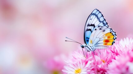 Delicate butterfly on a cluster of pink flowers.  Soft focus, vibrant colors, serene image