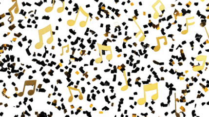 Golden music notes and black confetti falling on transparent background
