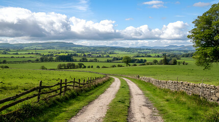 Fototapeta premium Green Field With Dirt Road Leading Towards Rolling Hills Under Blue Sky And White Clouds