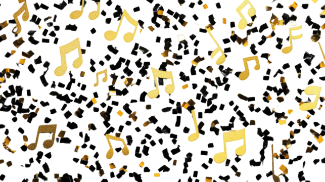 Golden music notes and black confetti falling on transparent background