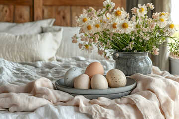 A serene bedroom scene featuring a plate of various eggs on a bed with soft linens, complemented by a vase of daisies