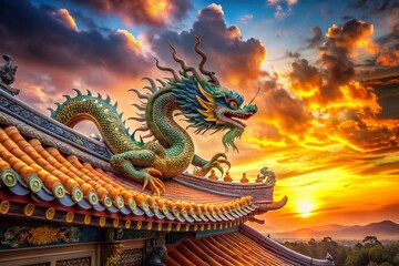 Majestic Chinese Dragon Temple Architecture,  Ancient Roof Detail, Eastern Dragon Sculpture