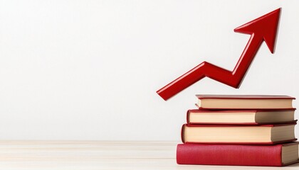 Obraz premium A stack of books with a red arrow indicating growth and progress in business learning.