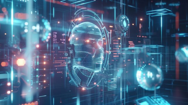 Ethereal holographic AI interface with translucent tech aesthetic features floating interactive elements and soft ambient iridescent glow.