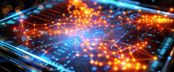 Holographic graph database query illuminates traversal paths with particle glow and sci-fi interface grain.