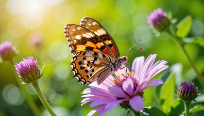 Vibrant butterfly resting on purple flower in lush greenery, nature's beauty