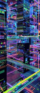 Holographic parallel processing visualization neon geometric patterns, multiple nodes solving complex calculations with bright lens flare.
