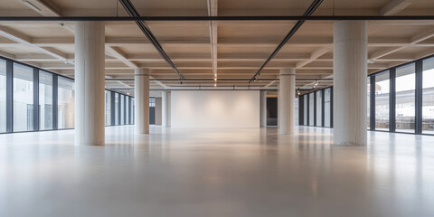 Modern empty interior space with large windows and natural light during daytime