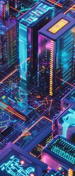 Neon parallel processing nodes holographic visualization showing geometric patterns lens flare and multiple computers working simultaneously.