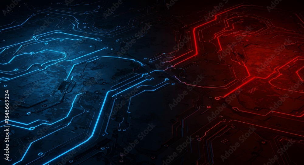 Poster blue and red circuit board design for technology and future concepts