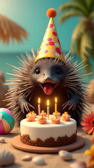 Happy long-beaked echidna in a party hat celebrates a birthday with a colorful cake, lit candles, beach decorations, and seashells in a festive beach setting.