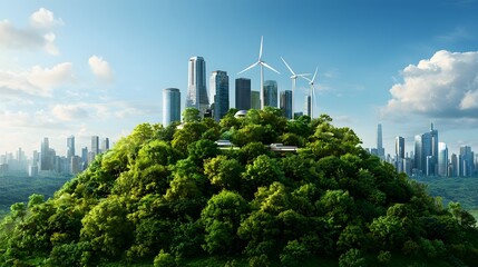 Fototapeta premium A futuristic city skyline with towering skyscrapers surrounded by lush verdant foliage showcasing a vision of sustainable urban development and eco friendly architecture