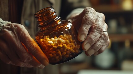 Obraz premium A soft-focus close-up of wrinkled hands pouring prescribed tablets from an amber glass bottle, emphasizing elderly healthcare, warm and gentle lighting, cinematic realism, depth of field,