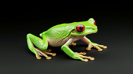 Obraz premium A vibrant green tree frog with bright red eyes posed on black