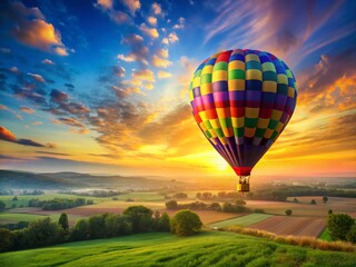 Fototapeta premium Majestic Hot Air Balloon Soaring Over Scenic Landscape at Sunrise - Stock Photo