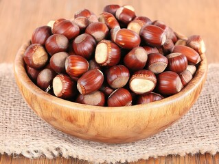 Hazelnuts in Wooden Bowl for Rustic Setting.