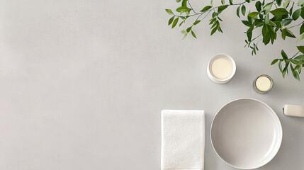 Simple spa setup with towels and natural elements in a serene atmosphere