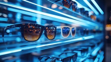 Sunglasses displayed on shelves with bright blue neon lights. Perfect for ads, blog posts, or articles about eyewear fashion.
