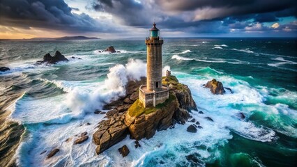 Obraz premium Majestic La Jument Lighthouse: Dramatic Aerial View, Brittany Coast, France