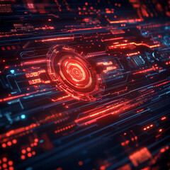 Obraz premium A computer screen with a red circle in the middle. The circle is surrounded by a red line and the rest of the screen is filled with red lines. Concept of technology and digital art, with the red lines