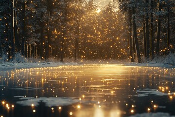 Magical Winter Wonderland Enchanting Frozen Lake with Golden Lights in Snowy Forest
