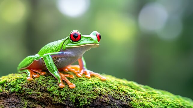 A vibrant green frog with red eyes sits on moss