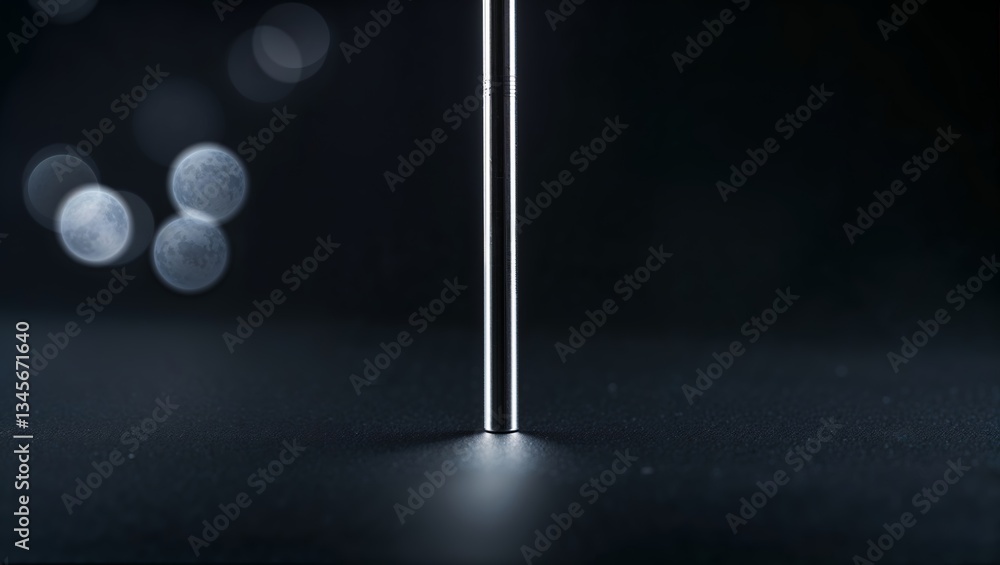Poster shiny metallic object standing vertically with soft illumination and blurred background details