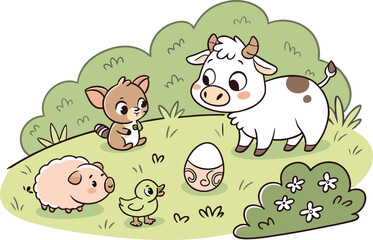 Cartoon illustration of a farm scene with a cow deer pig duck and easter egg in a field of grass