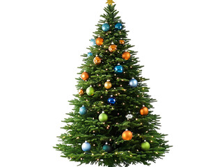 Obraz premium Realistic Christmas Tree With Colorful Ornaments on Transparent Background Festive Holiday Celebration Glowing Pine and Fir Seasonal Decor Bright Illumination