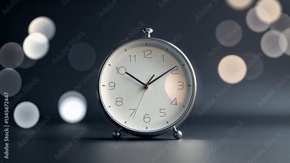 Aufkleber silver clock on a dark surface showing time against a bokeh background in soft lighting
