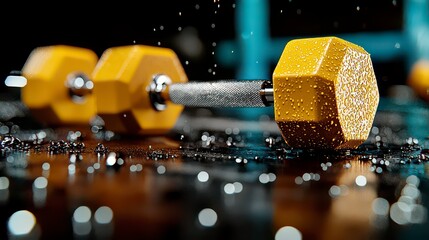 Experience the grind with this close-up image of dumbbell weights resting on a gym floor, sweat droplets catching the light and vividly emphasizing the aftermath of a tough workout Feel the intensity