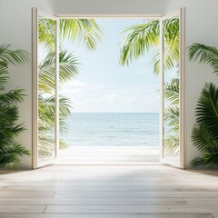 Fototapeta premium Serene Beach View Through Open Doors with Tropical Foliage