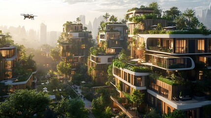 Obraz premium A futuristic metropolis built entirely with sustainable materials, featuring rooftop farms, solar energy panels, and vast green parks integrated into the urban landscape.